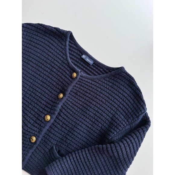GAP Navy Blue Cotton Textured Knit Gold Button Cardigan Sweater Jacket, Size M - Picture 6 of 15
